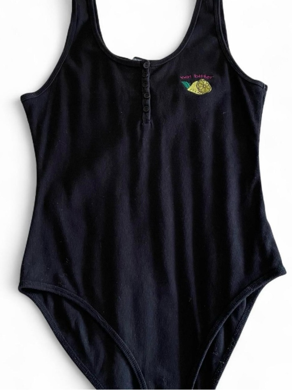 Forever 21 Black Ribbed Tank Bodysuit with Lemon Embroidery
